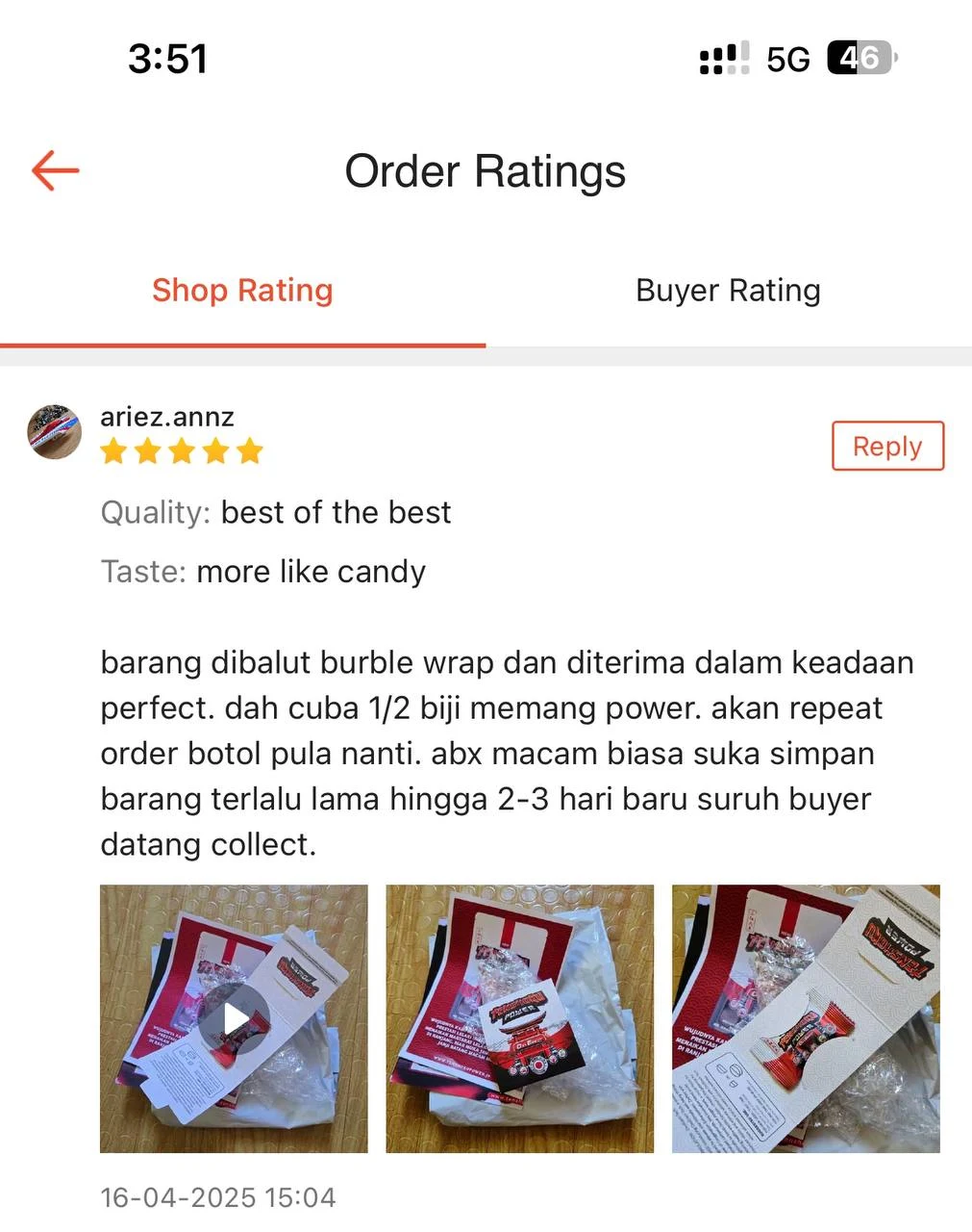 Screenshot review Shopee oleh ariez.annz yang menyebut rasa seperti candy dan repeat order