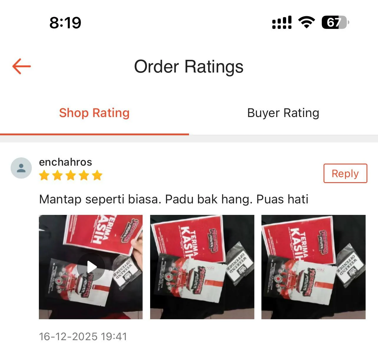 Screenshot review Shopee oleh enchahros dengan beberapa gambar produk