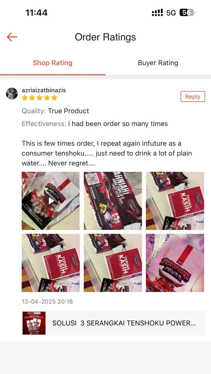 Screenshot review Shopee oleh azriaizatbinazis, repeat buyer Tenshoku Power