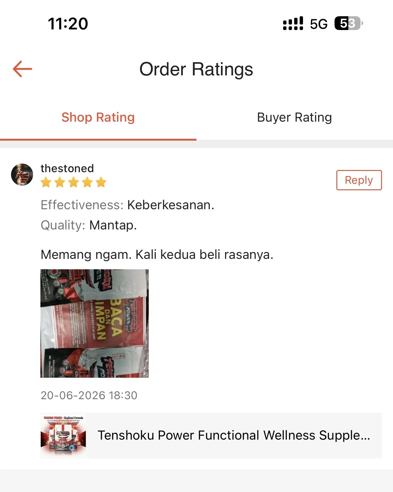 Screenshot review Shopee oleh thestoned, pembelian kali kedua