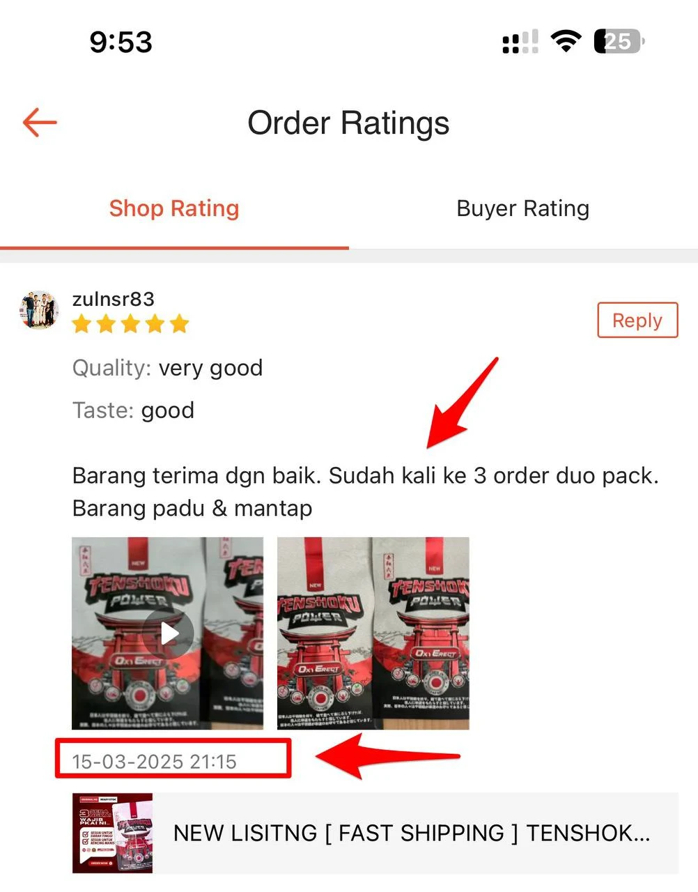 Screenshot review Shopee oleh zulnsr83, order kali ketiga