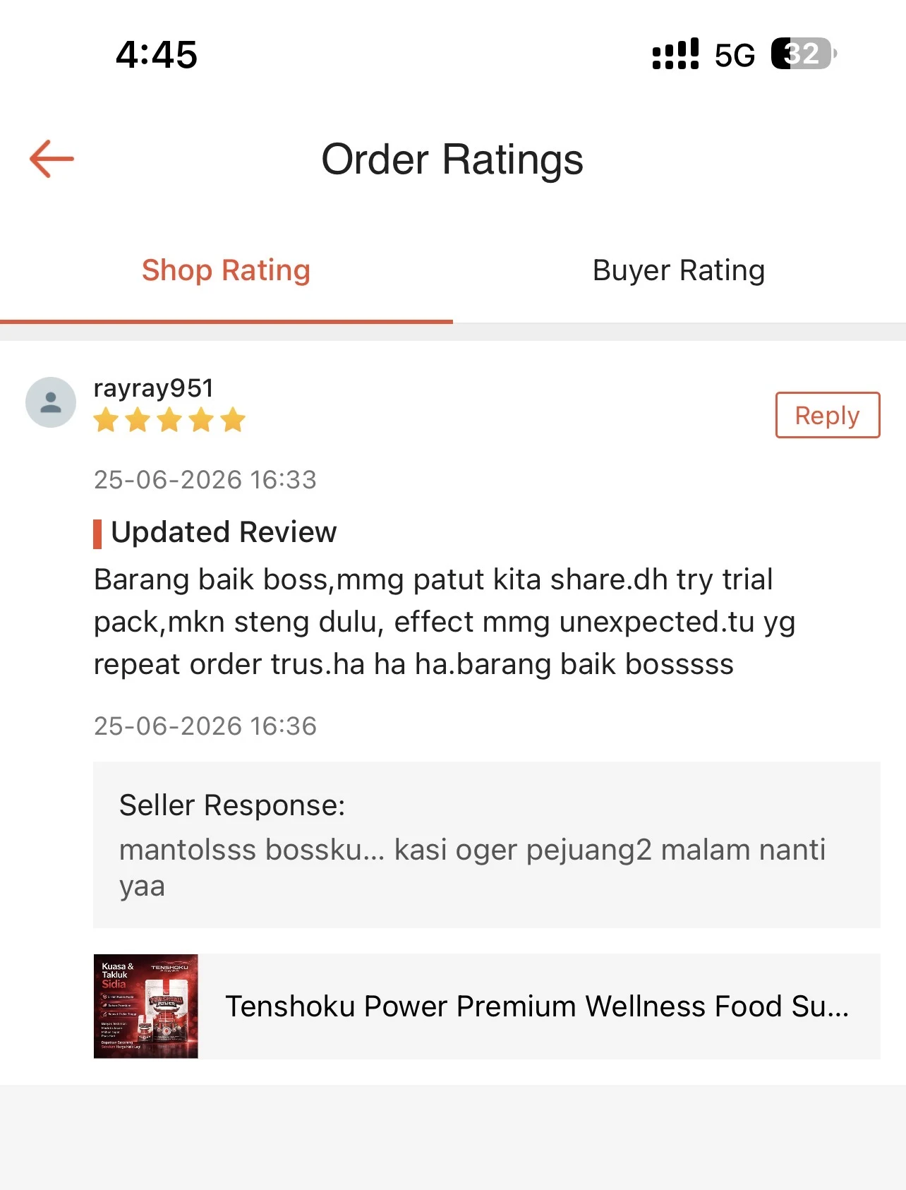 Screenshot updated review Shopee oleh rayray951, trial pack kemudian repeat order
