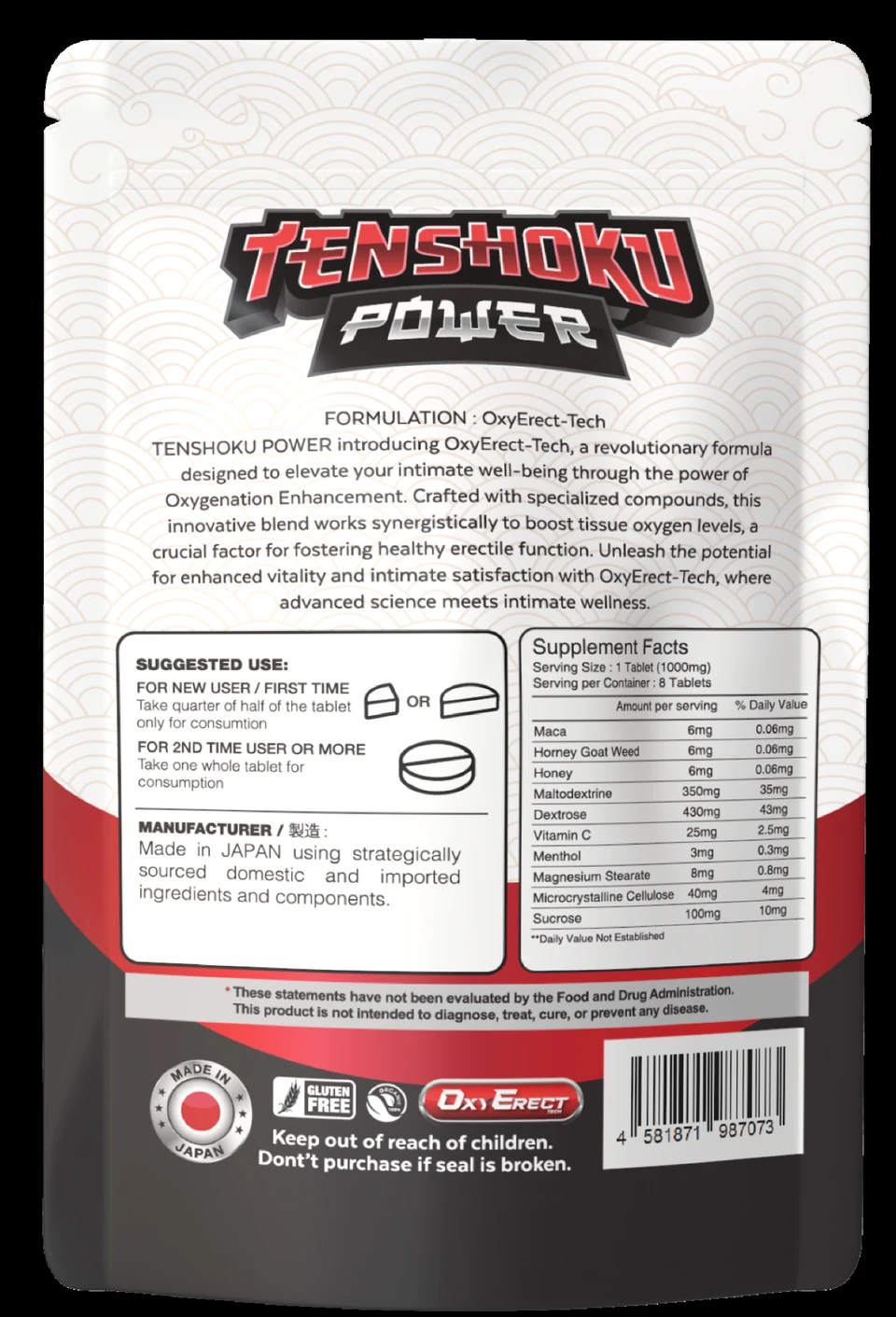 Tenshoku Power ingredients dan maklumat back-of-pack