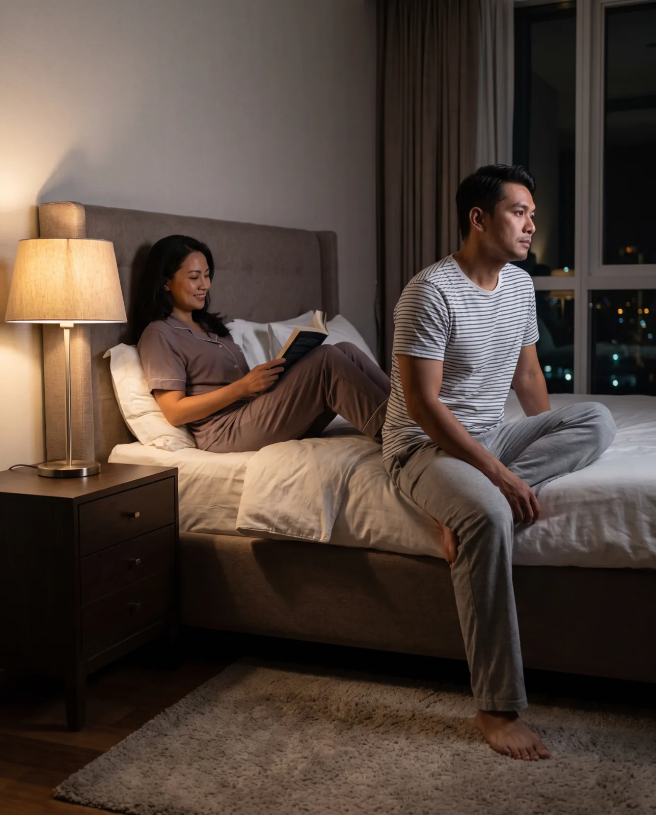 Pasangan dewasa di bilik tidur dengan jarak emosi yang halus